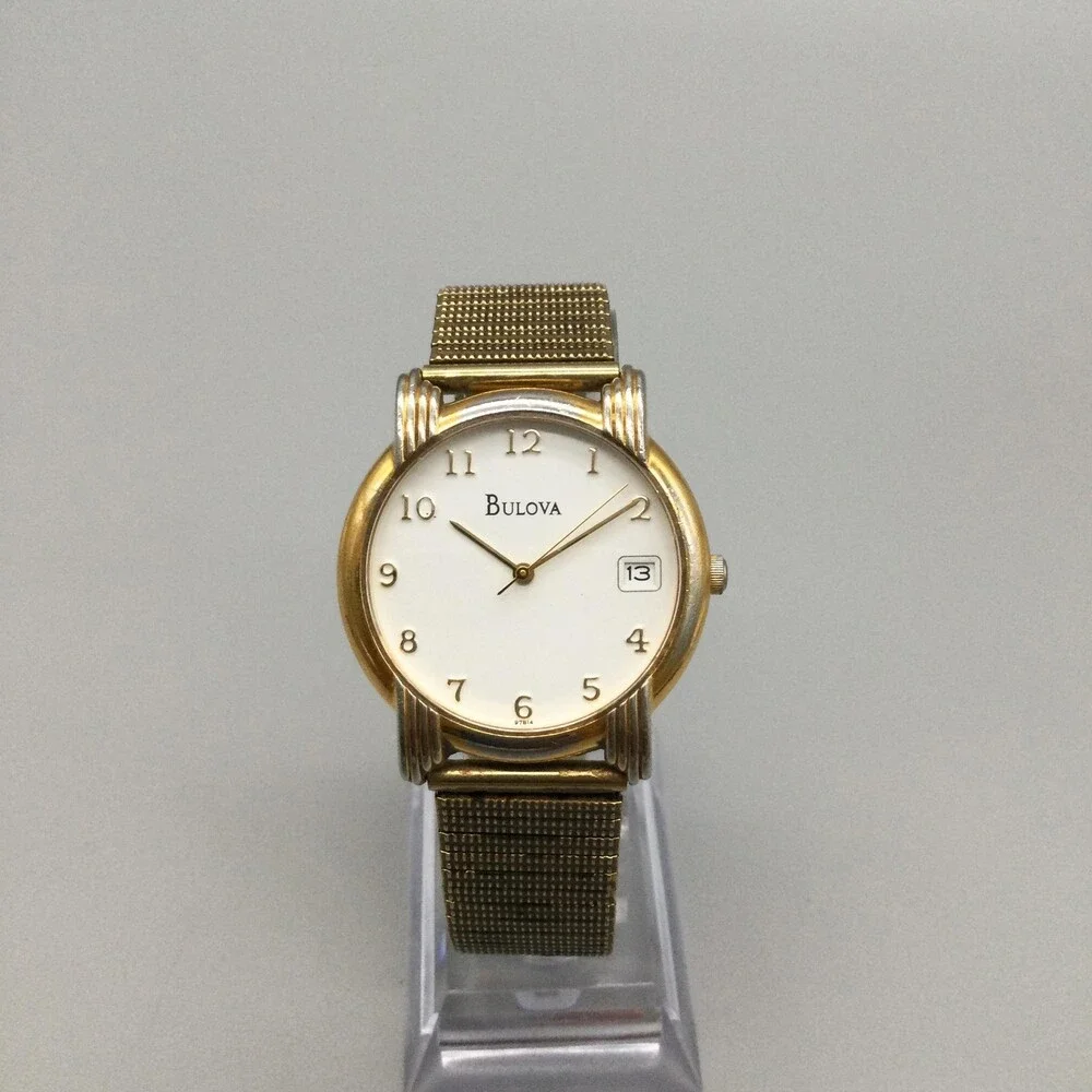 Bulova Mens Watch 33mm White Dial Gold Tone Art Deco Style Date New Battery
